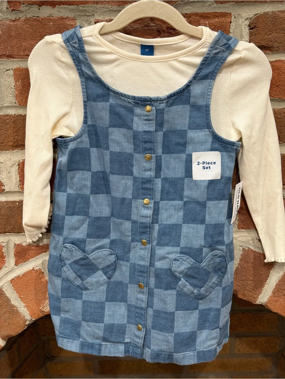 Old Navy Blue Checkered Denim Pinafore with Cream Ribbed Top